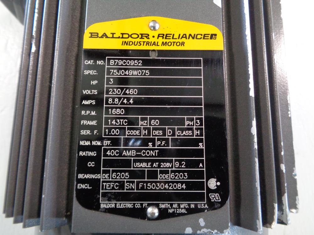 Baldor Reliance Industrial Motor 3HP 1680RPM 230/460V, B79C0952, 75J049W075